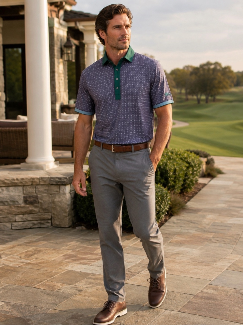 Greyson Golf Polo Men’s L Purple Geometric Green Collar Sleeve Logo